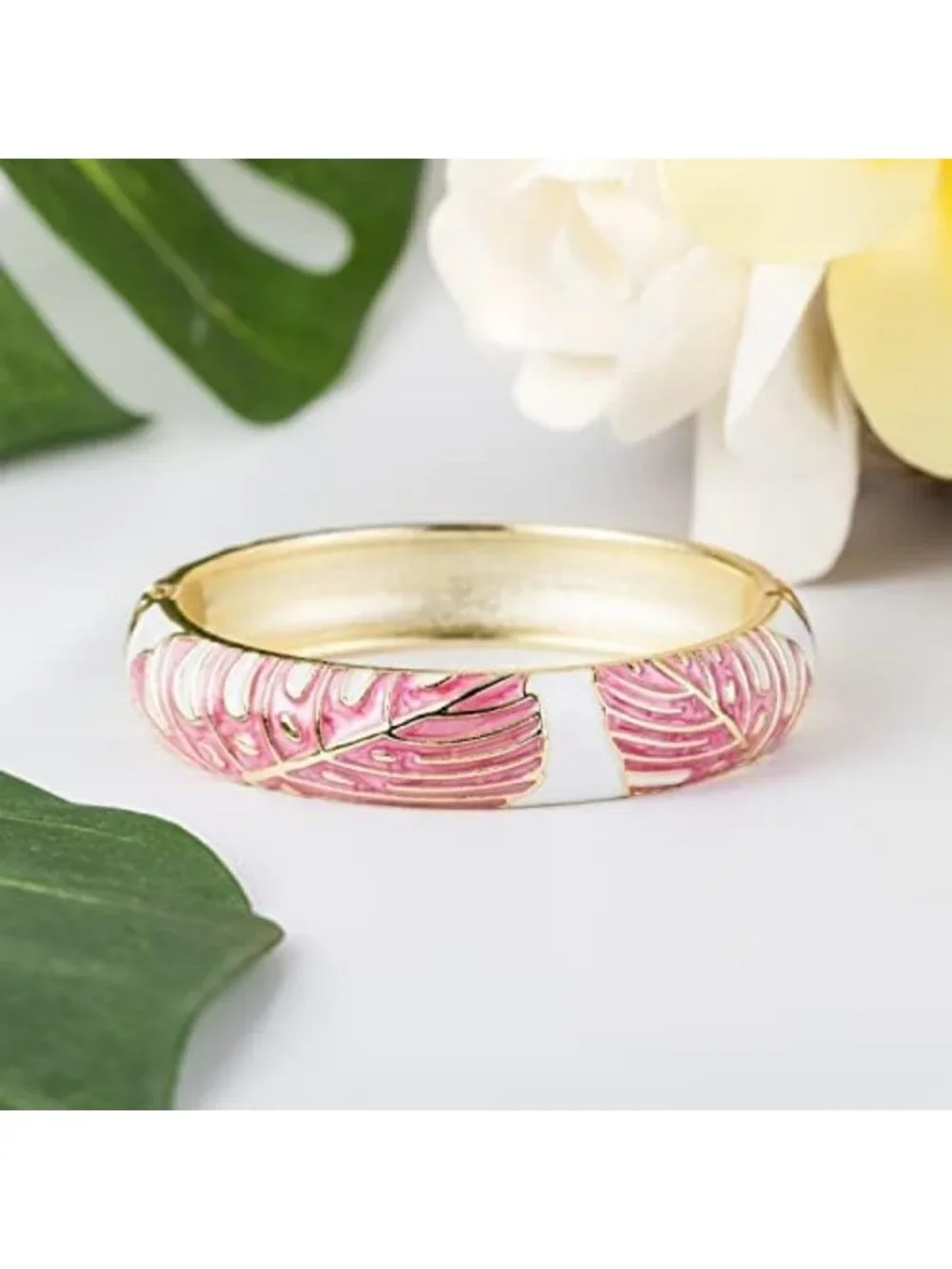 Tropical Monstera Leaf Enamel Bangle Bracelet | Luau Fashion Jewelry Accessory